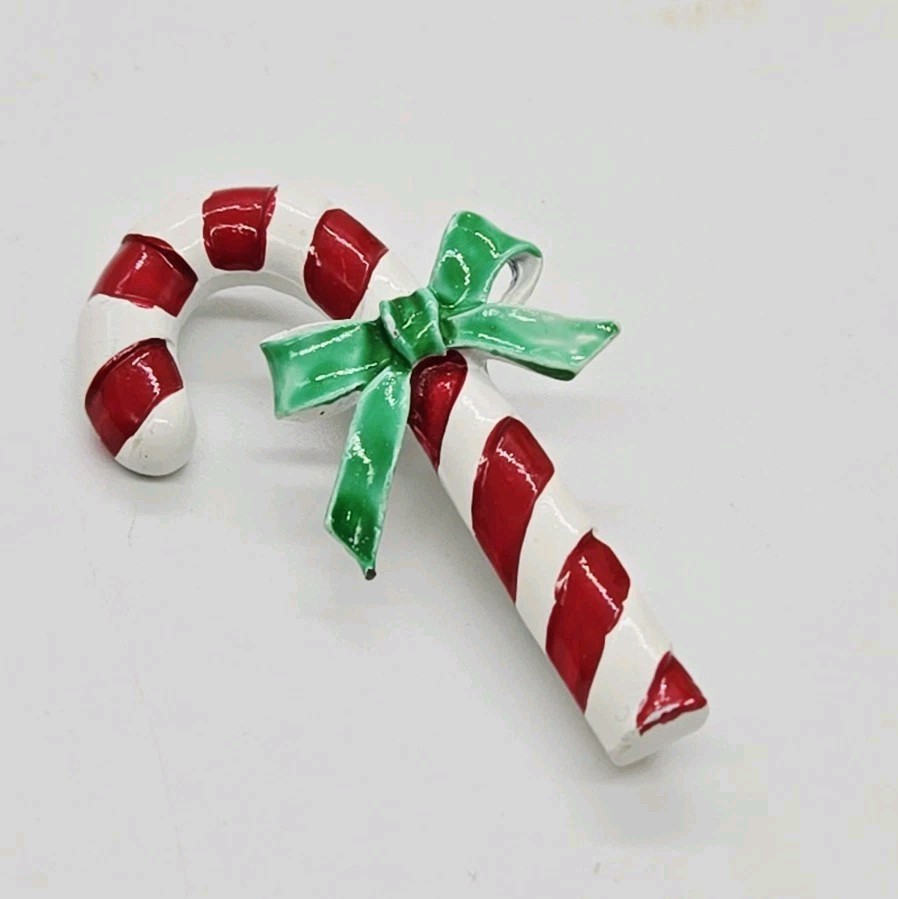 Christmas Candy Cane Brooch Pin with Bow Painted Red White Green Gerry's Vintage