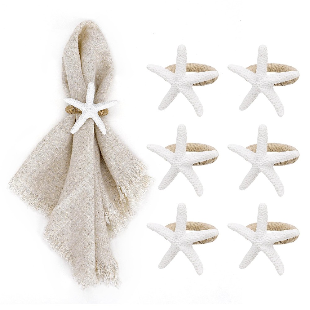 Starfish Napkin Rings Set of 6 - White Coastal Beach Themed Napkin Holders Bu...