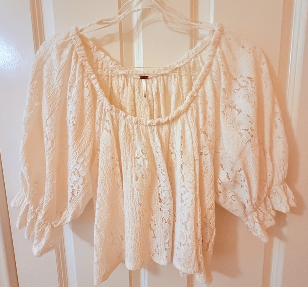 Free People Lace Peasant Blouse M Ivory Boho Puff Sleeve Cottagecore