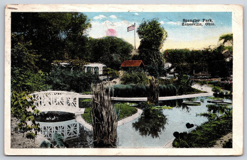 Zanesville Ohio~Spangler Park Pond & Bridge Scene~PM 1916~EC Kropp Vtg Postcard