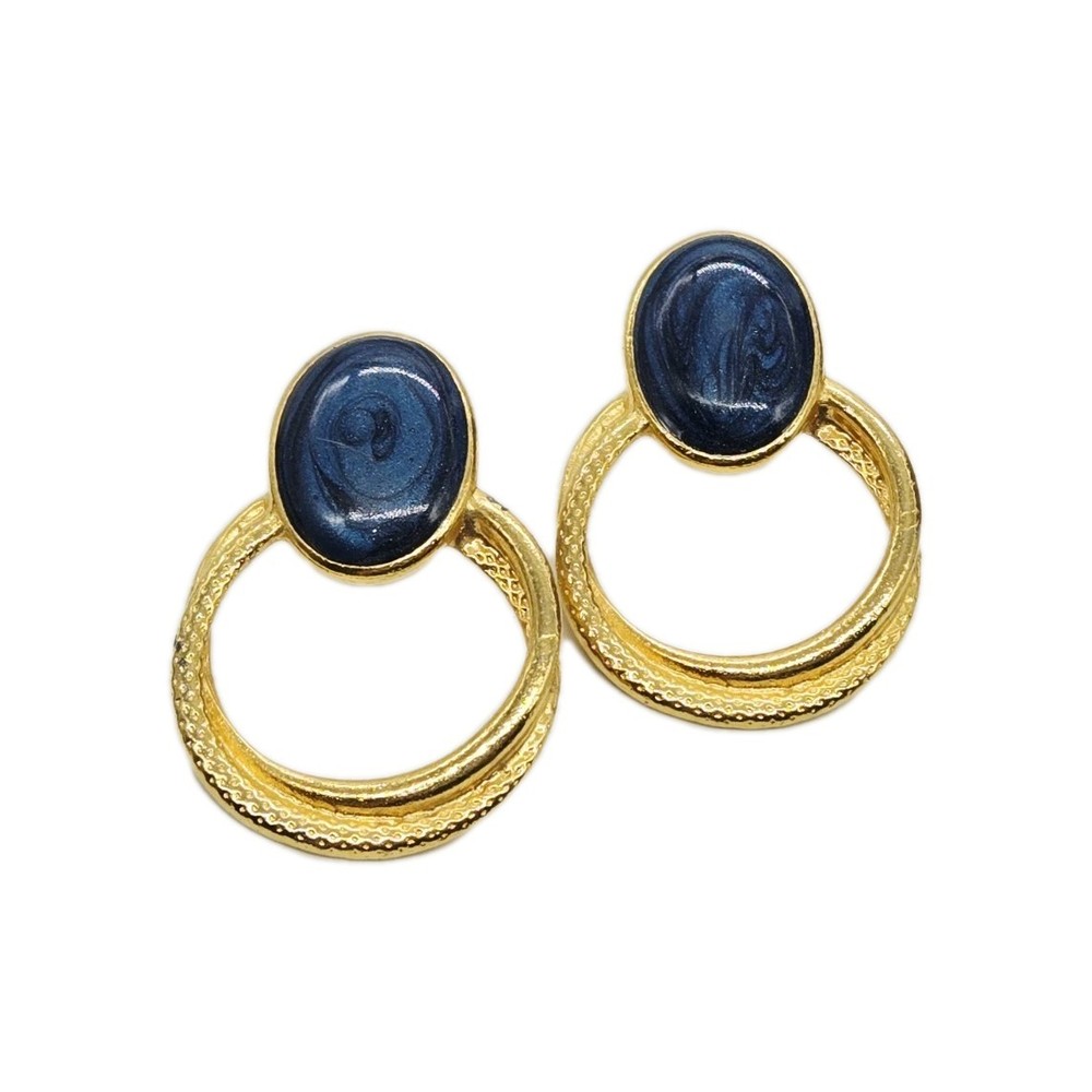 Doorknocker Earrings Gold tone Blue Cabochon Couture 80's Vintage Pierced 1.5 in