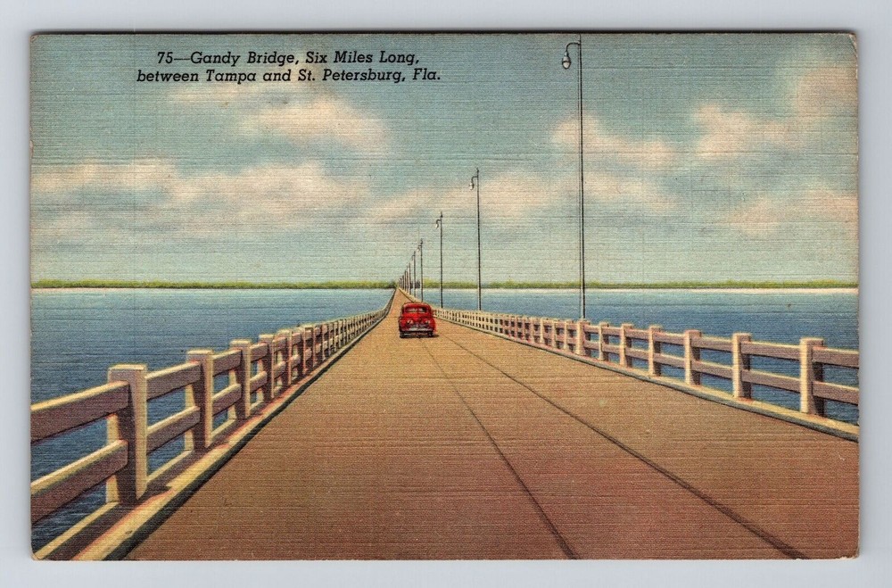 Tampa FL-Florida, Gandy Bridge, Six Miles Long, Tampa Bay, Vintage Postcard