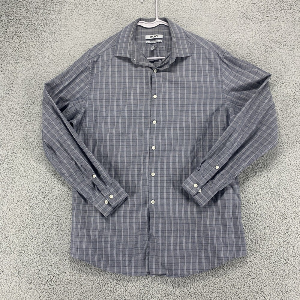 DKNY Mens Large Shirt Slim Fit Stretch 16.5 34/35 Casual Long Sleeve Check