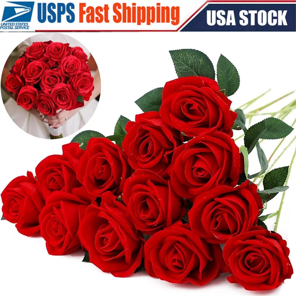 10× Red Silk Roses Artificial Flowers Realistic Bouquet Home Decor Xmas Gifts
