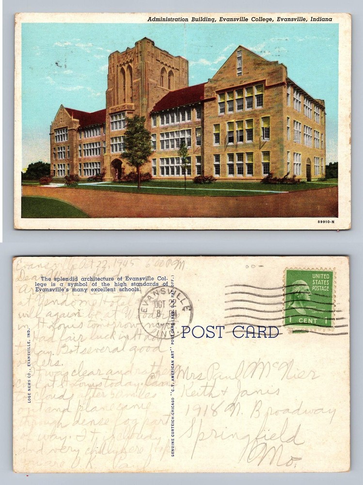 Evansville, IN-Indiana, College Admin Building View PC Vintage c1945 Postcard