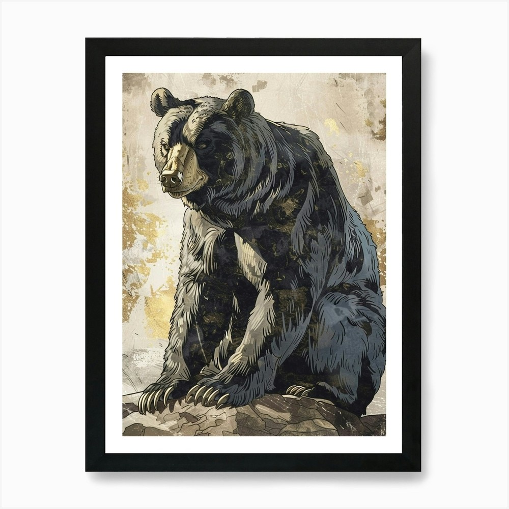 Black Bear Precisionist Illustration Framed Canvas Wall Art Print
