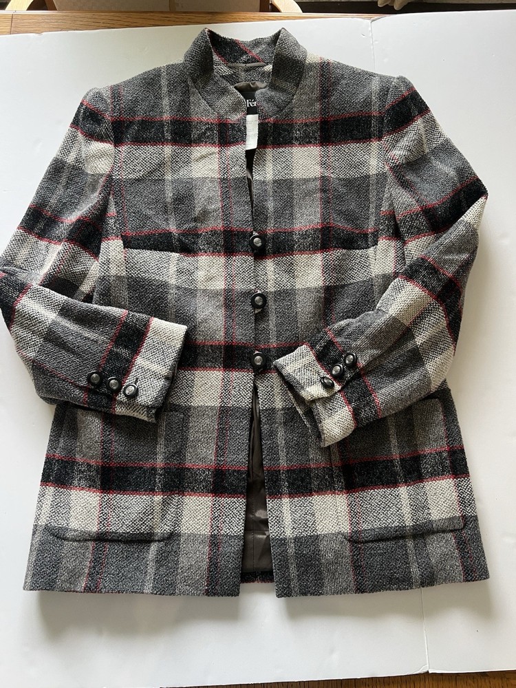 Louis Feraud Wool Blend Tartan Plaid Blazer Coat Jacket Size 12 Vintage Toggle