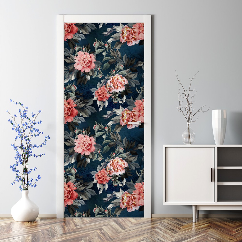 Floral Peonies Self-Adhesive Door Decal for Girls Room Decor