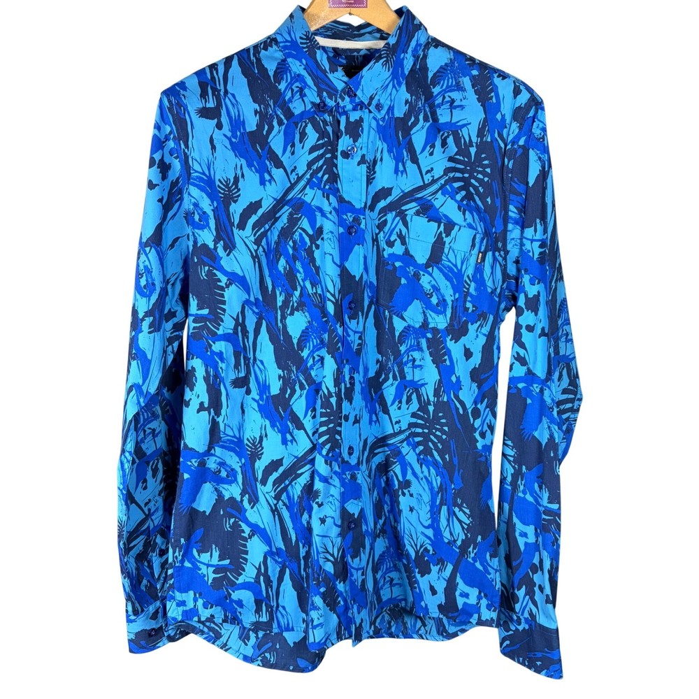 Nike SB Mens Blue Abstract Palm Bird Print Long Sleeve Button Down Shirt Medium-image
