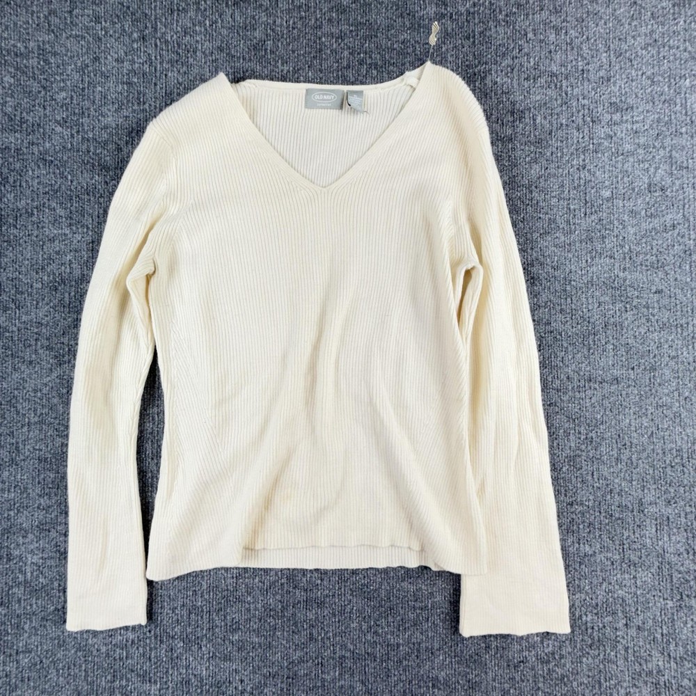 VTG Old Navy Sweater Womens XL White V Neck Ribbed Knit Pullover Lightweight
