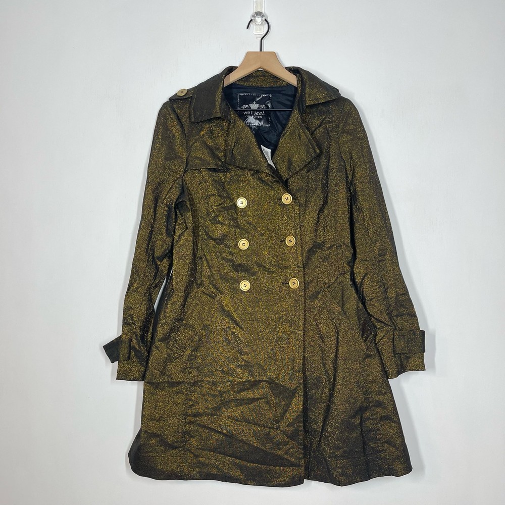 NEW Wet Seal Vintage Y2K Trench Coat L Gold Metallic Double Breasted Deadstock