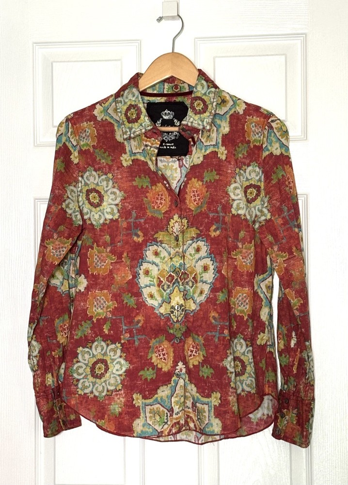 CINO Shirt Womens Sz XS Kaleidoscope Button Down Roll Tab Lightweight Cotton
