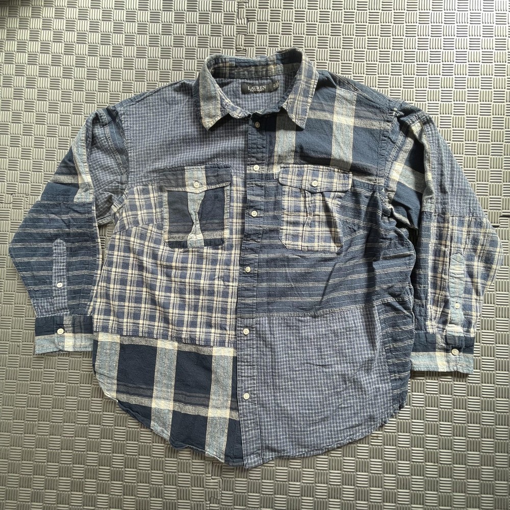 Lauren Ralph Lauren Shirt Womens 1X Blue Patchwork Plaid Button Up Long Sleeve