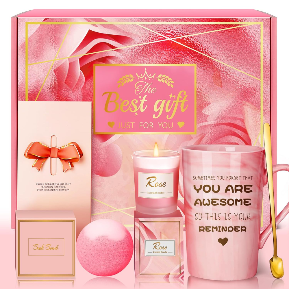 Birthday Gifts for Women – Pink Self Care Spa Gift Basket Set, Relaxation Gifts
