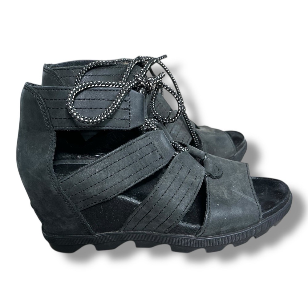 Sorel Joanie II Black Leather Gladiator Sandals for Women Size 8 Platform Wedge Lace-Up