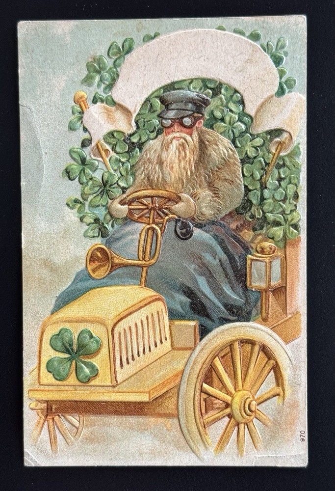 Antique Embossed St. Patrick’s Day Postcard Shamrock Auto Driver 1909