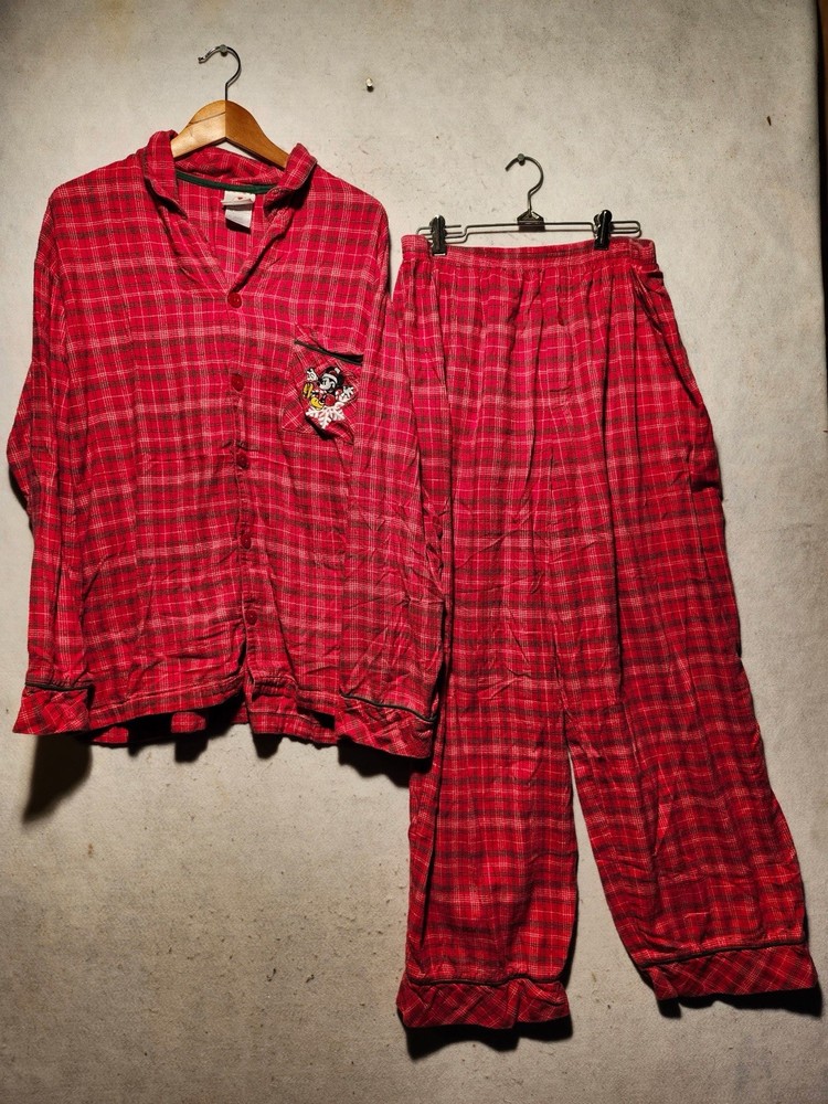 Vintage Disney Store Mickey Mouse Red Plaid Flannel Pajama Set Women’s XL Cotton