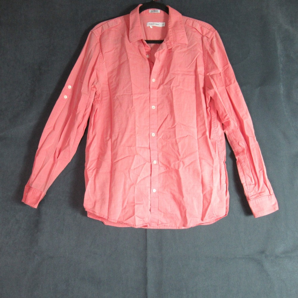 Calvin Klein Top Womens Large Coral Striped Button Up Shirt Long Sleeve Preppy