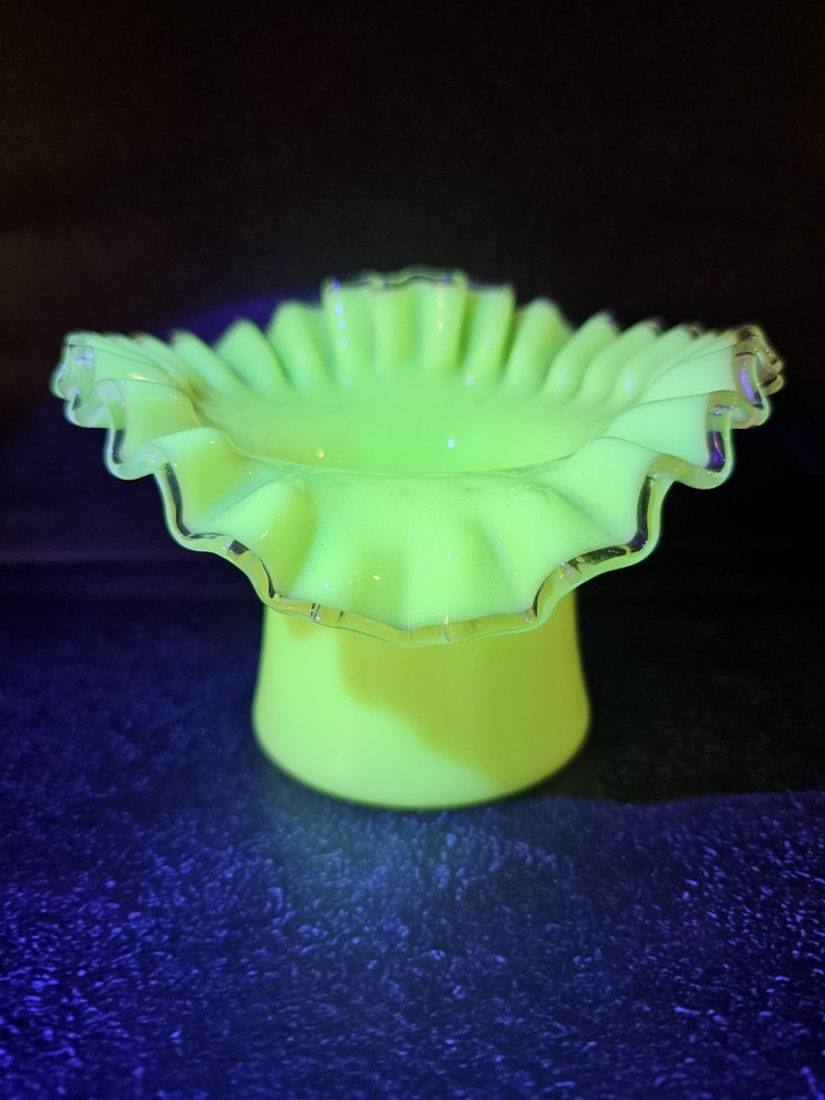 Vintage Fenton Silver Crest Uranium Glass Hat Shape Posy Vase with Ruffled Rim