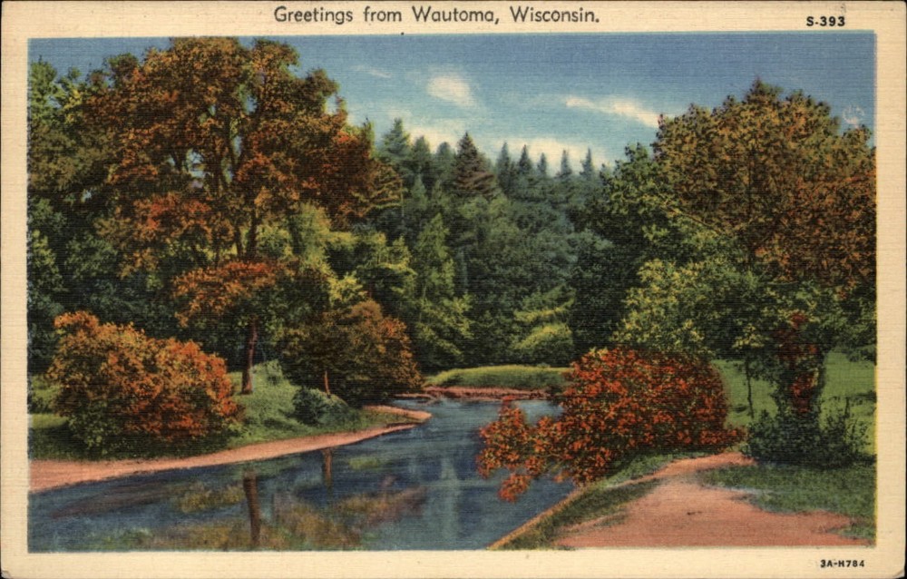 Watoma Wisconsin river fall foliage scenic unused vintage linen postcard