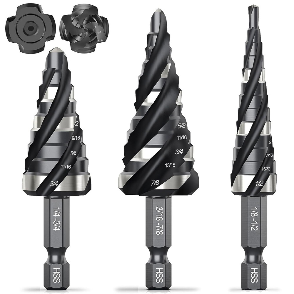 Four Spiral Flute Step Drill Bit Set 3 Pcs HSS Step Drill Bits 1/8