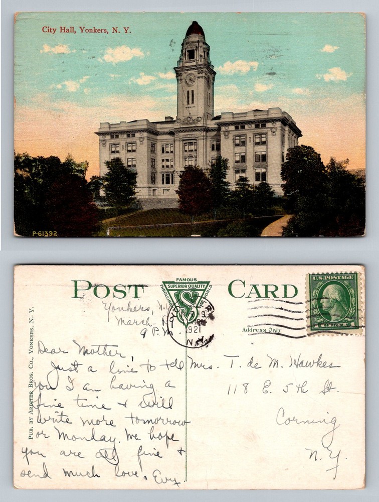 Yonkers, NY-New York, City Hall Clock Tower Building Vintage c1921 Postcard