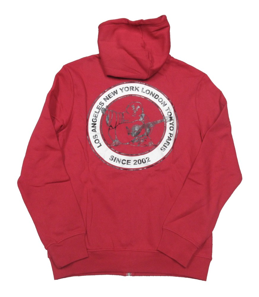 True Religion Mens Jester Red Fleece Lined Zip Hoodie with Buddha Logo