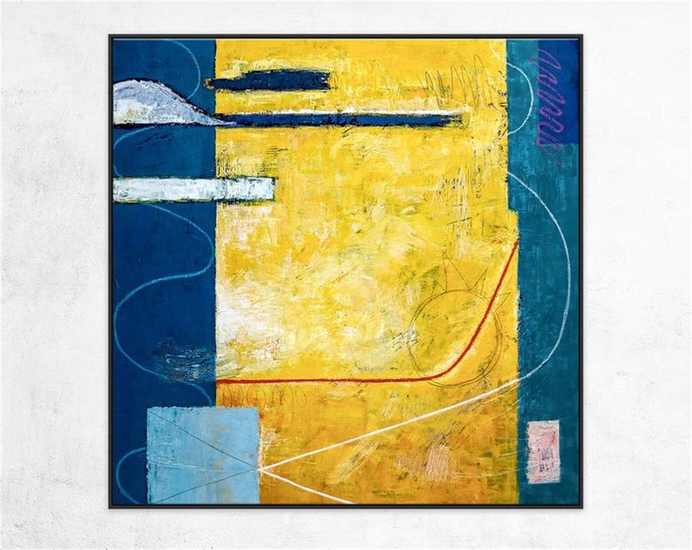 Abstract Painting Original Large Acrylic Canvas Wall Art Yellow And Blue