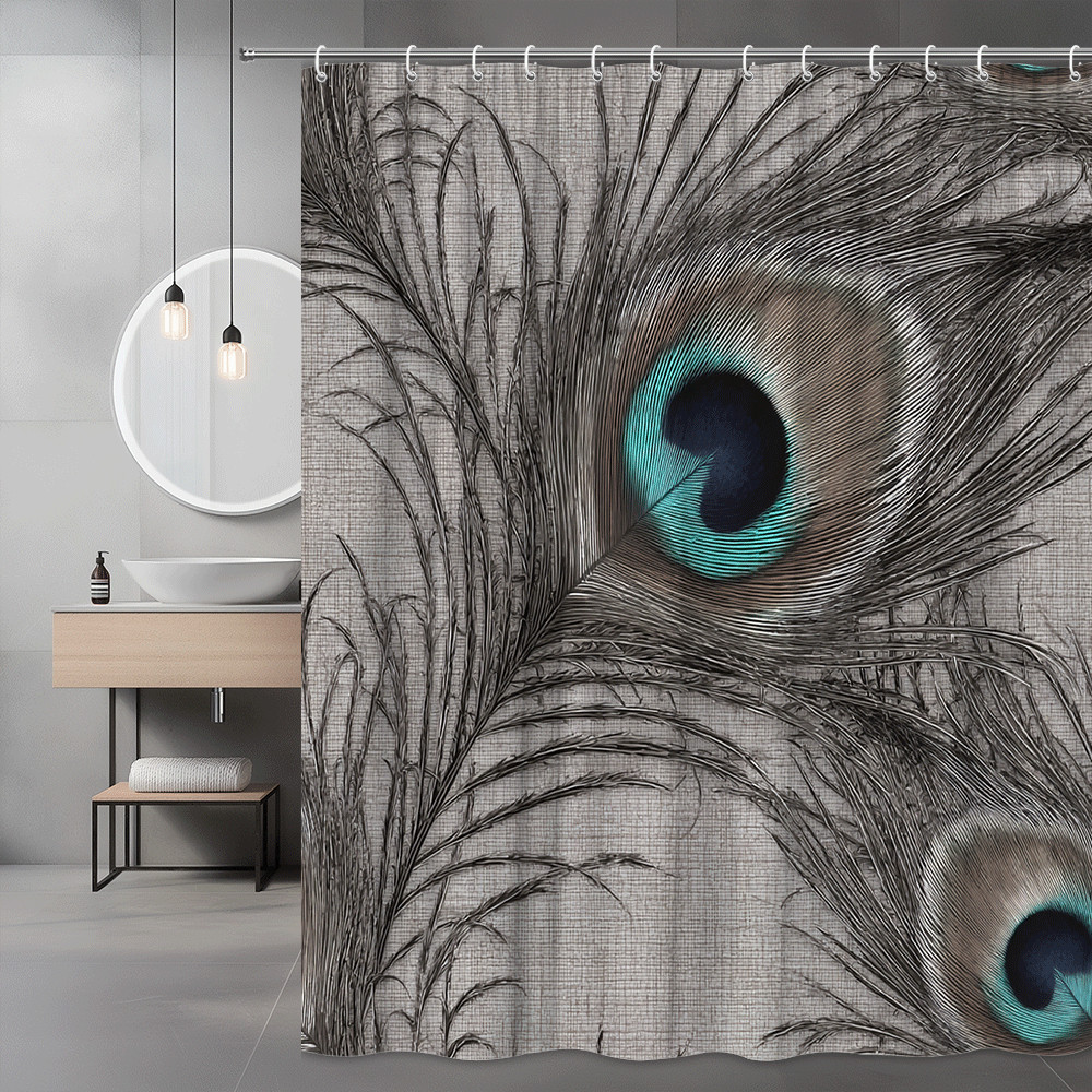 Peacock Feather Print Shower Curtain Gray Teal Graphic