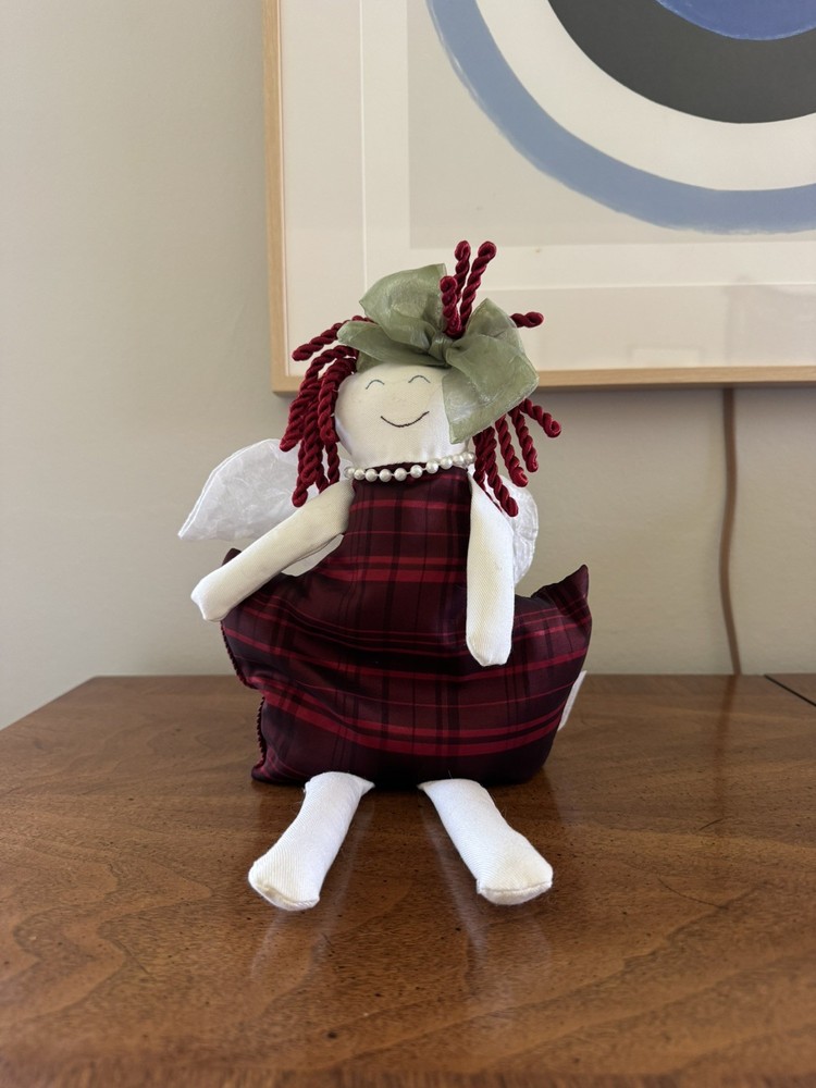 Woof & Poof 2010 Christmas Angel Shelf Sitter Red Plaid Pearl Necklace, USA