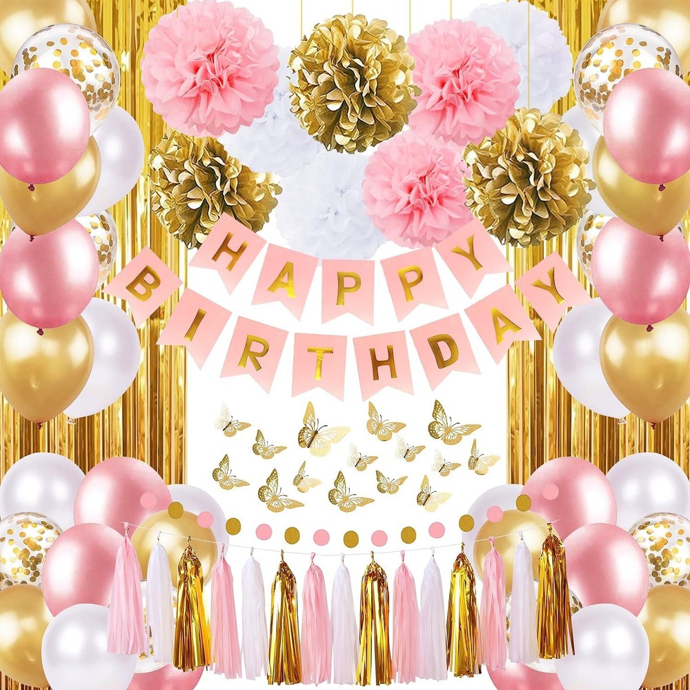 Pink and Gold Birthday Party Decorations for Women with Happy Birthday Banner...