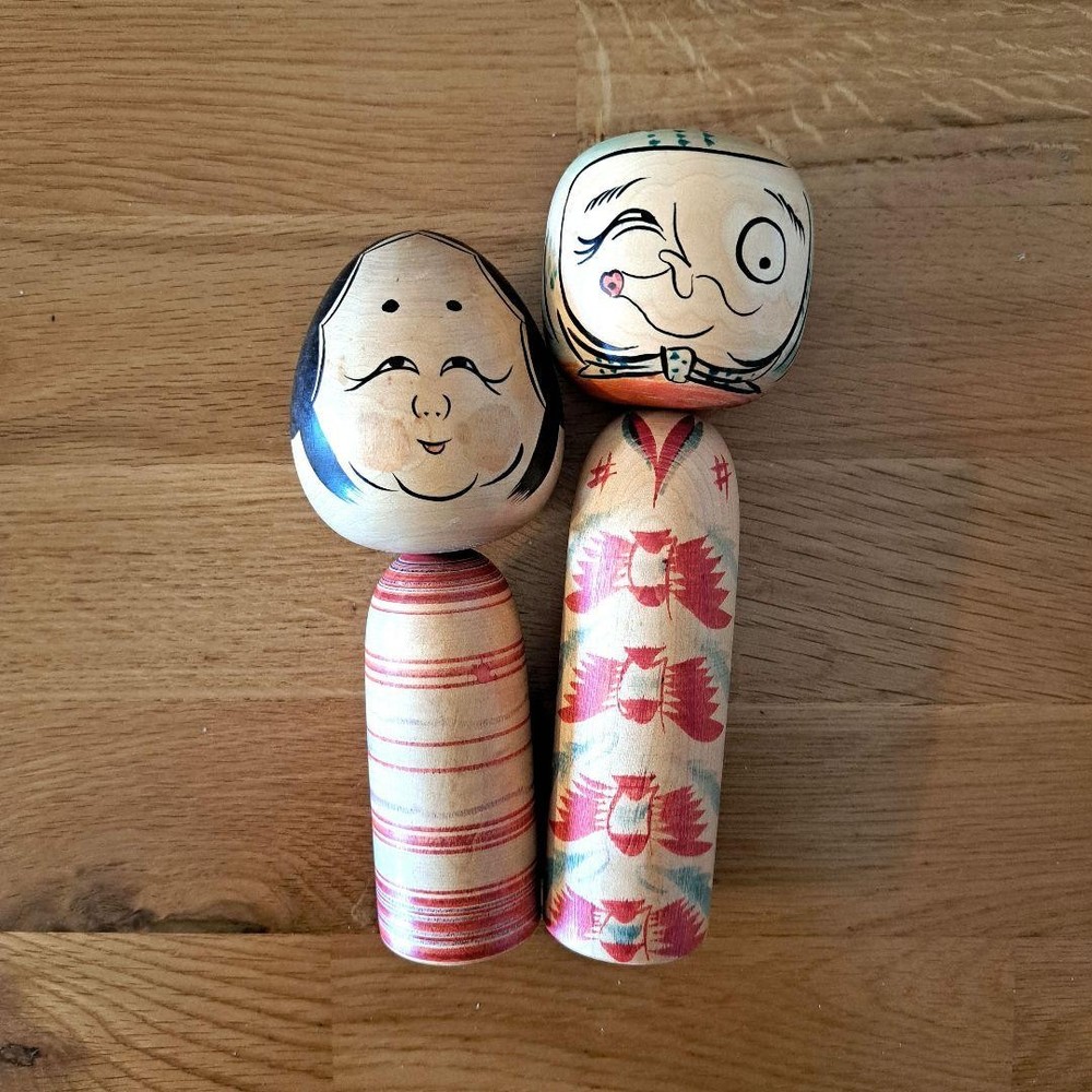 Kokeshi Okame Hyottoko Vintage Japanese Dolls Set of 2 Antique Crafts