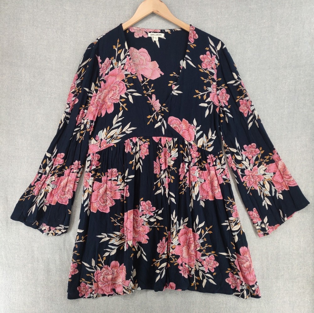Billabong Dress Women Medium Black Pink Floral Gauzey Boho Long Bell Sleeve
