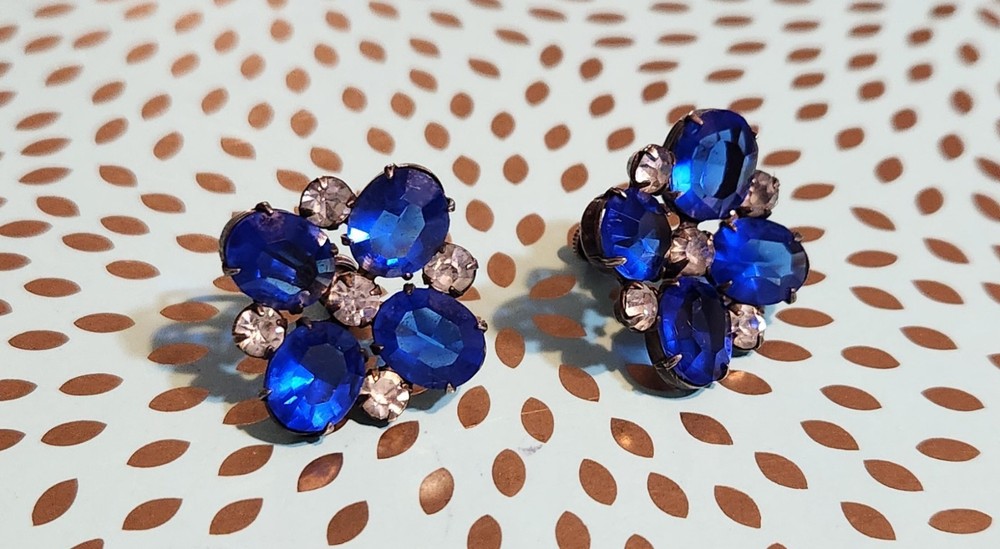1940s Vintage Clear & Blue Sapphire Glass Sterling Silver  Earrings