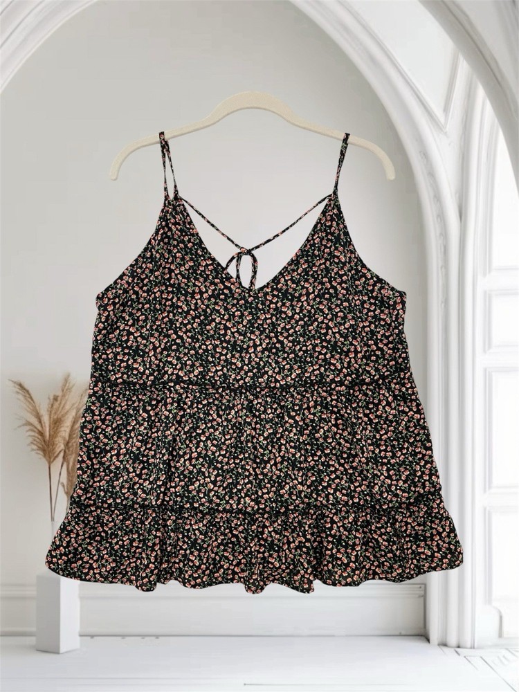 Womens Black Floral Tiered Babydoll Top Size Large V Neck Tie Back Summer Chic