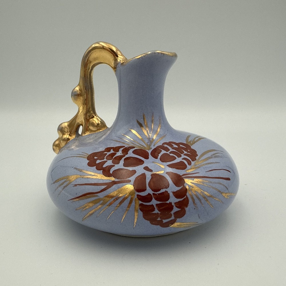 Vintage Le Pere Pottery Zanesville, Ohio Pinecone Hand Painted Vase Pitcher Blue