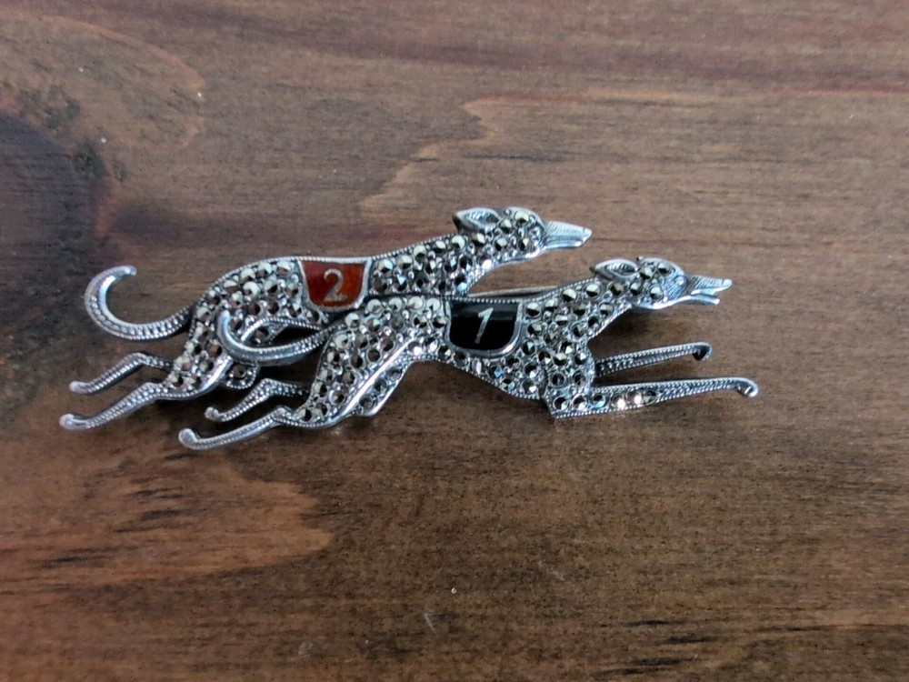 Vintage Art Deco Style Marcasite Sterling Silver Enamel Greyhound Racing Brooch