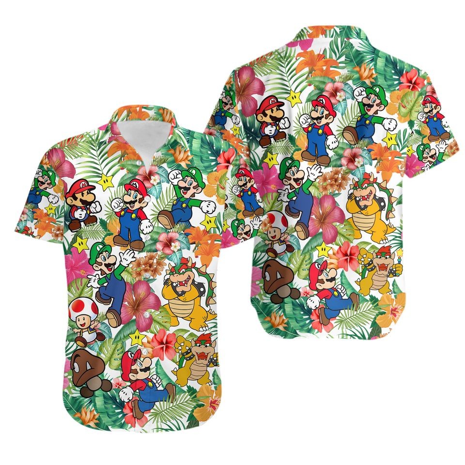 Super Mario Hawaiian Shirt, Mario Bros Characters Button Shirt