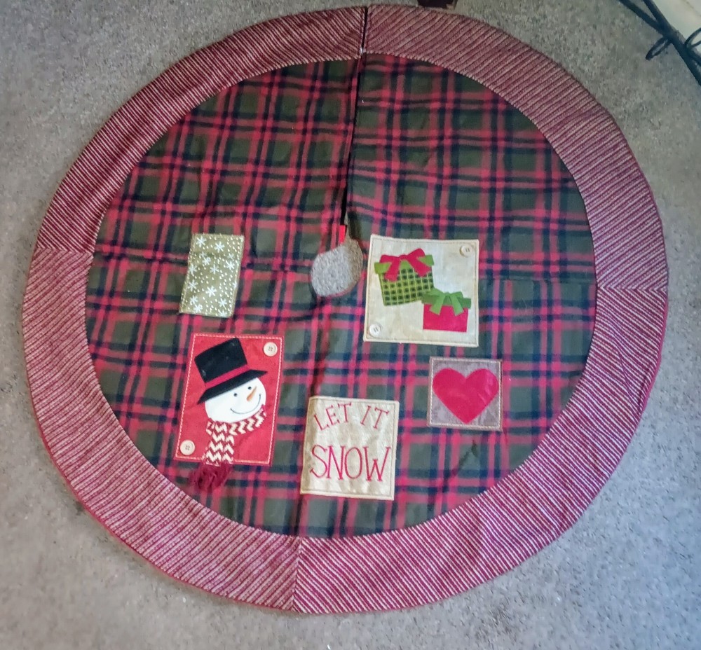 Farmhouse Christmas Tree Skirt Let It Snow Red Green Plaid 48