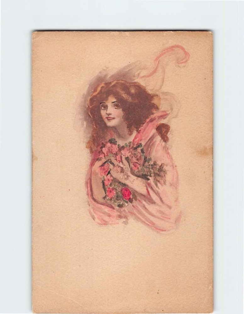 Postcard Beautiful Woman Holding Flowers