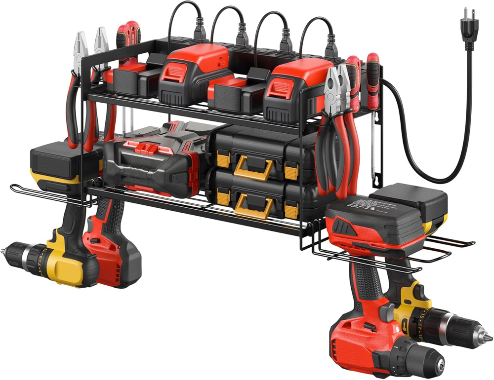 Garage Tool Storage with Charging Station and Power Tool Battery Organizer