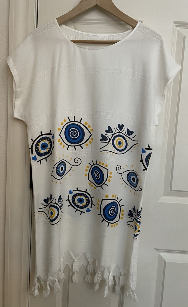 Womens Evil Eye Greek Turkish Cover up Dress White Blue Vacation Resort Sz M