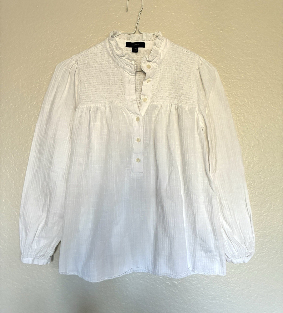 J.CREW White Crinkle Cotton Ruffle Neck Button Blouse Long Sleeve XXS Coquette