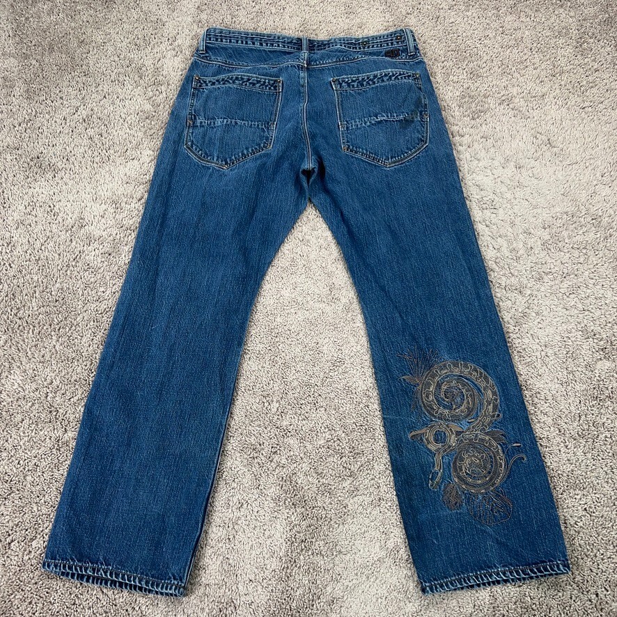 Artful Dodger Mens 38 Blue Denim Baggy Skater Jeans with Embroidered Snake Y2K Jay Z Style
