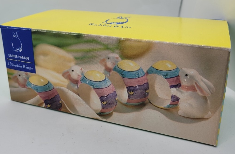 Vintage Set of 4 Easter Bunny Rabbit Napkin Rings Mervyns 1996 NOS In Box