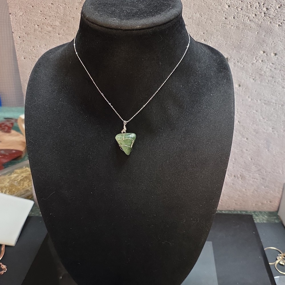 Handcrafted Green Stone Wire Wrapped Pendant Necklace Silver Ball Chain Lobster