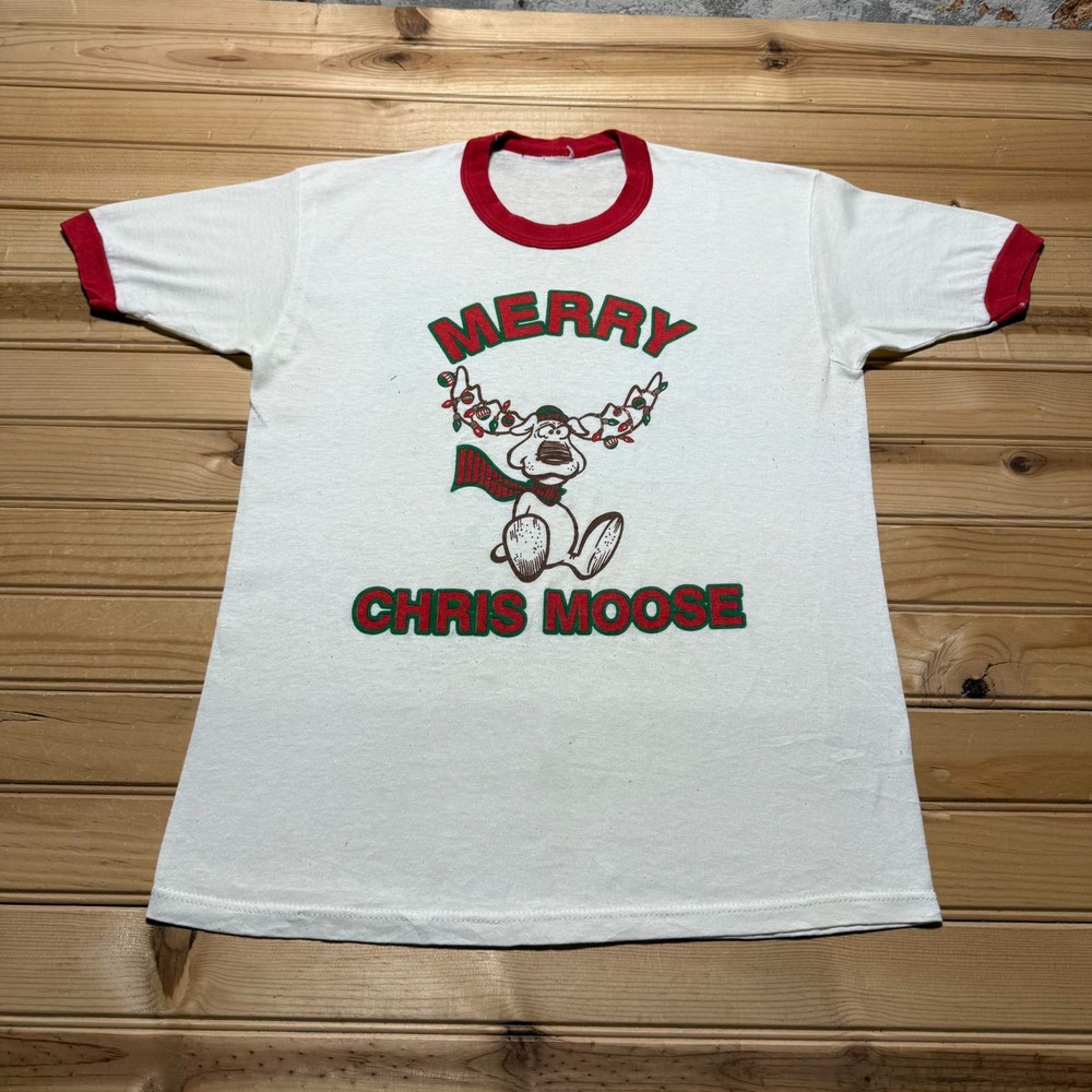 Vintage 80s Merry Chris Moose Pun Cartoon Holidays Christmas Ringer Shirt Small