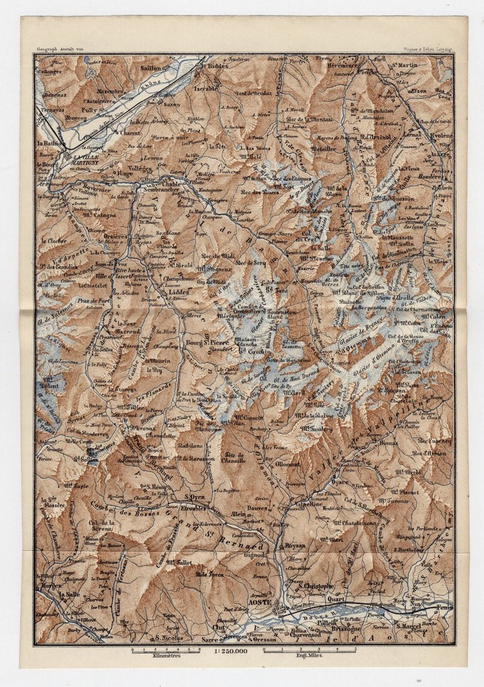 1887 Antique Map Of Pennine Alps / Switzerland Italy / Aosta
