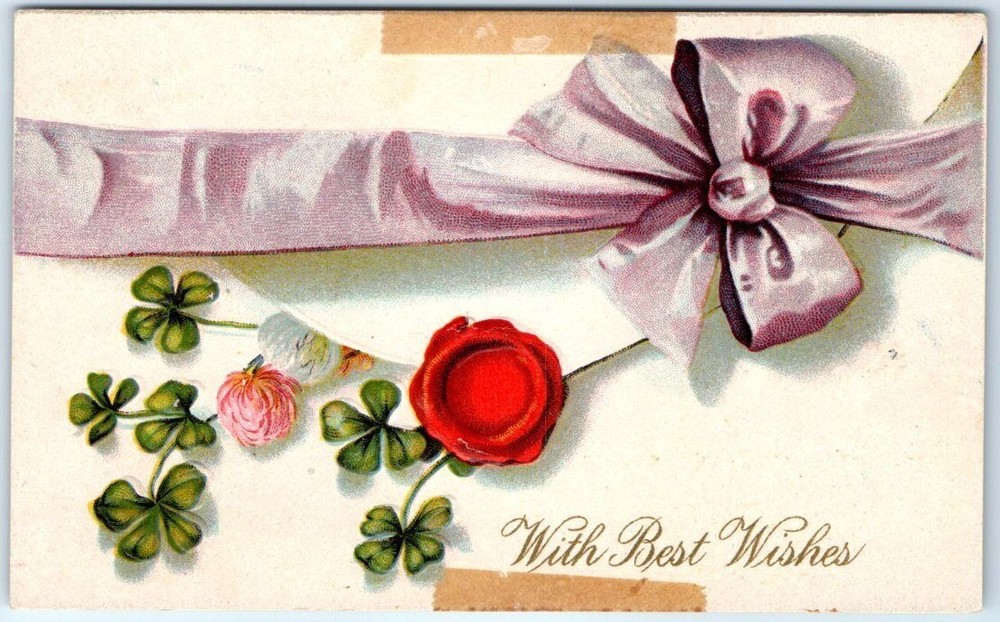 Postcard - Flower, Clover & Ribbon Art Print - Greeting Card - With Best Wishes