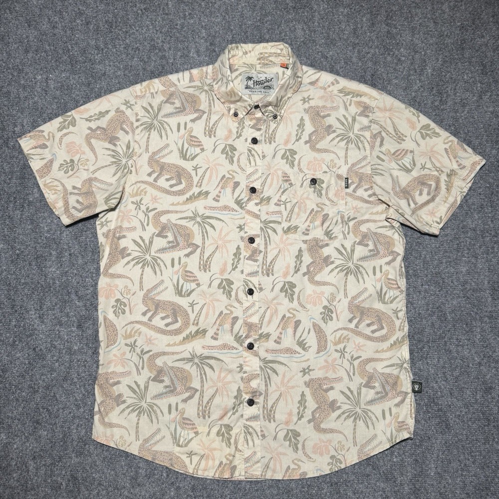 Howler Brothers Button Down Crocodile Palm Bird Print Size Medium Beige